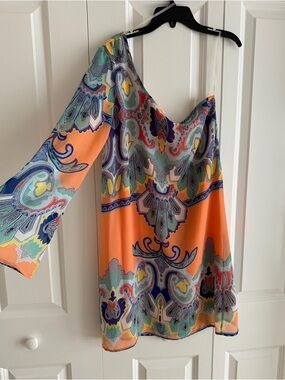 Pink Owl One Shoulder Boho Paisley Mini Dress Orange Multicolor Flowy Size M